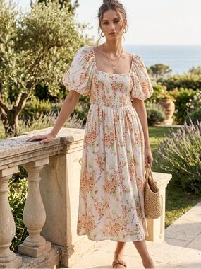 Forever 21 Floral Peasant, Milkmaid, Cottagecore Dress, Smocked, Puff Sleeve, M